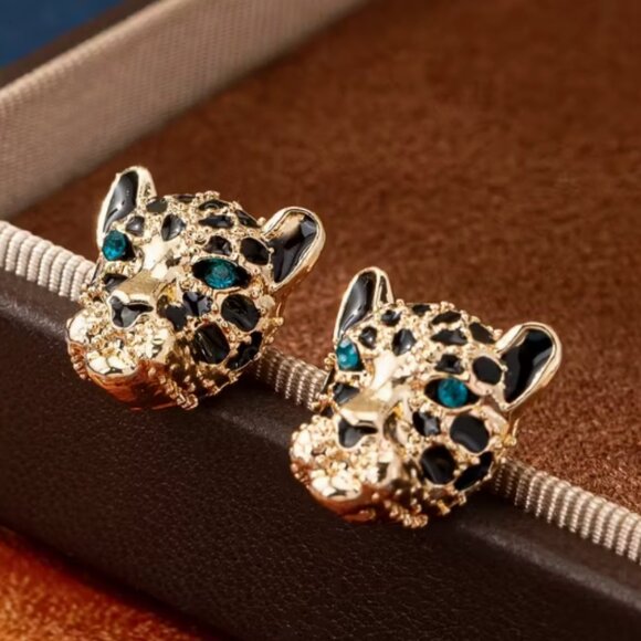 Gold Plate Rhinestone Leopard Cat Stud Post Earrings - NEW - Picture 2 of 2